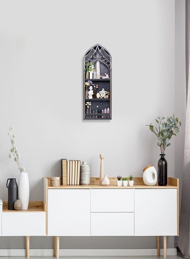 FNYDOX Gothic Window Crystal Shelf Display for Wall, Wooden Gem Stone Rock Storage Holder Trinkets Organizer, Wall Mount Stand Case Box for Witch Wiccan Decor, Spiritual Gift for Home Bedroom Living Room - Image 2